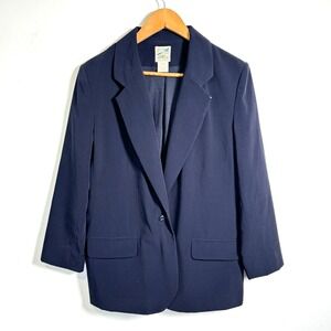 TravelSmith Navy Blue Blazer Jacket Womens Size 14 Regular 1 Button Polyester